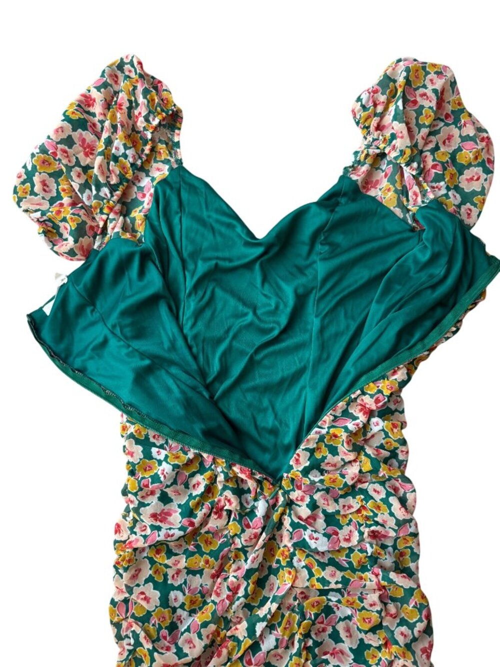 Lush Floral Mini Dress Green Pink Floral Ruched Bodycon Feminine Size M - Picture 4 of 10